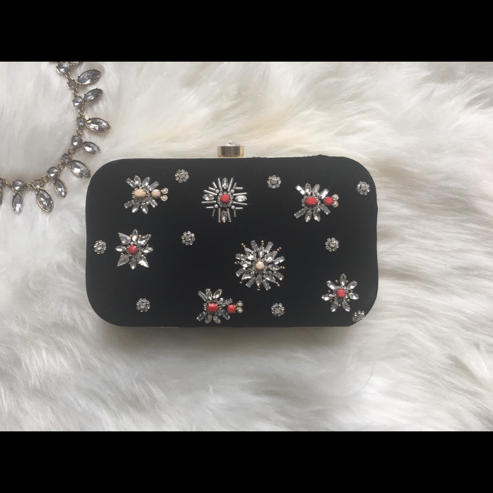 Custom black clutch with white stones embroidered